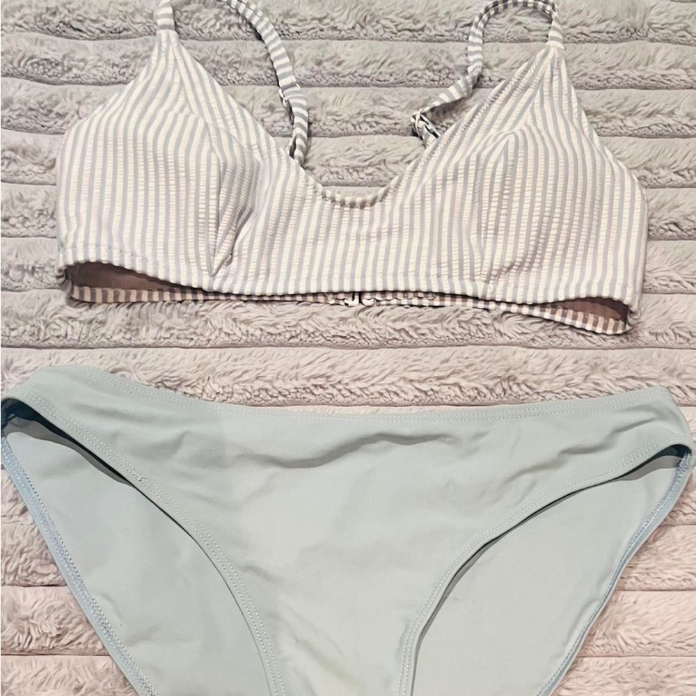 Blue and white bikini